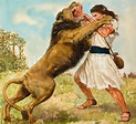 The Spirit of the Lord comes upon him and he tears the lion apart with his bare hands.
